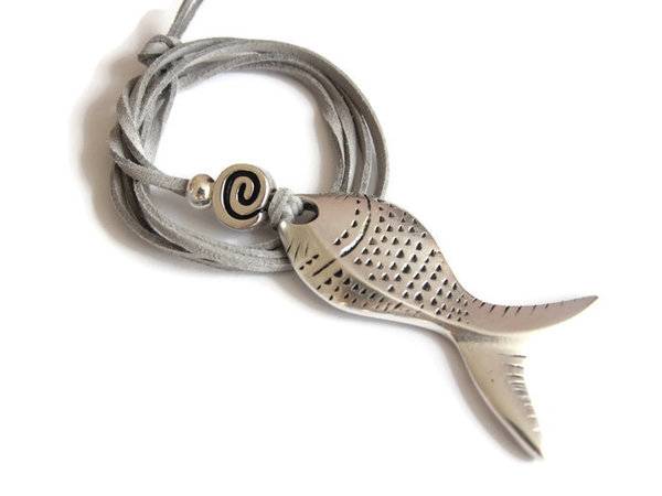 Fisch lange Kette Halskette Longkette Wildleder Imitat Longkette