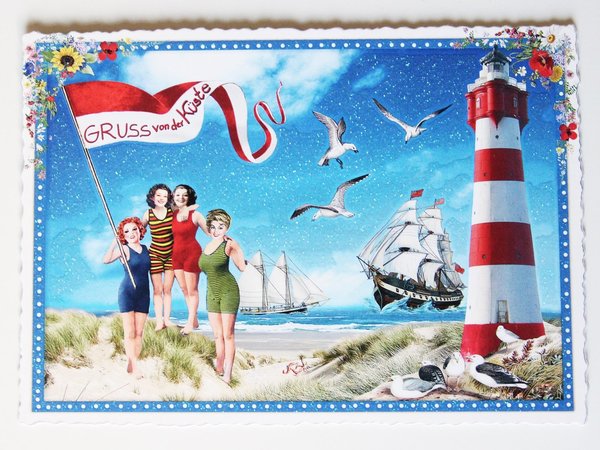 Nostalgie Postkarte Glitterpostkarte Meer Frauen Leuchtturm Möwen Gruss von der Küste