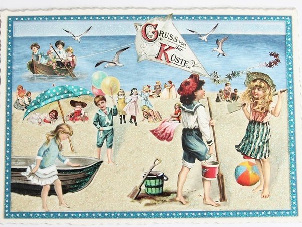 Nostalgie Postkarte Glitterpostkarte Kinder am Strand  Gruss von der Küste