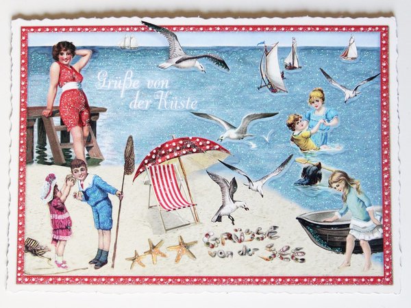 Nostalgie Postkarte Glitterpostkarte Kinder am Strand  Grüße von der Küste