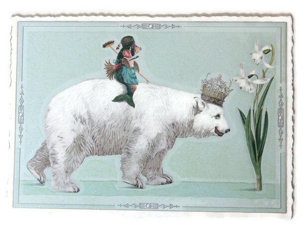 Nostalgie Postkarte Eisbär mit Krone Fisch Geburtstagskarte