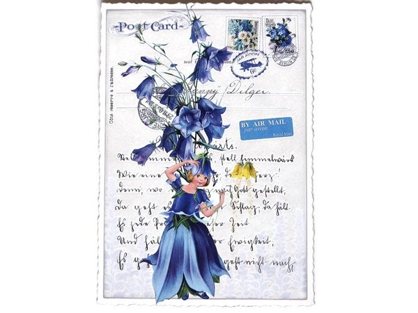 Nostalgie Postkarte Glitterpostkarte Glockenblumen Kleid Mädchen Blumen