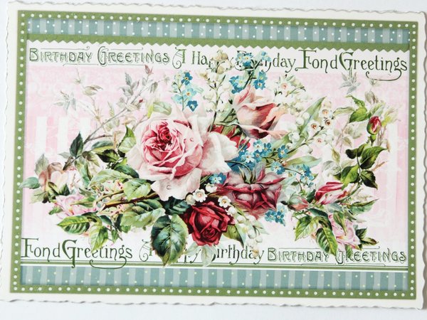 Nostalgie Postkarte Geburtstagskarte English Roses Rosen Happy Birthday
