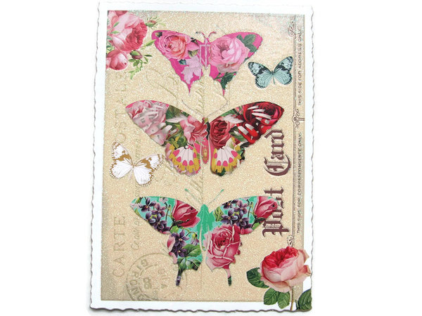 Nostalgie Postkarte Glitterpostkarte  Schmetterlinge