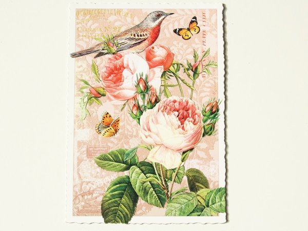 Nostalgie Postkarte Glitterpostkarte Vogel  Blüten Schmetterling