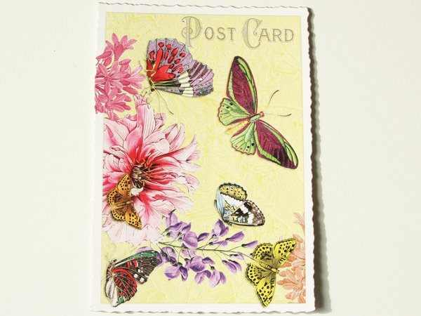 Nostalgie Postkarte Glitterpostkarte  Schmetterlinge Dahlien Blumen