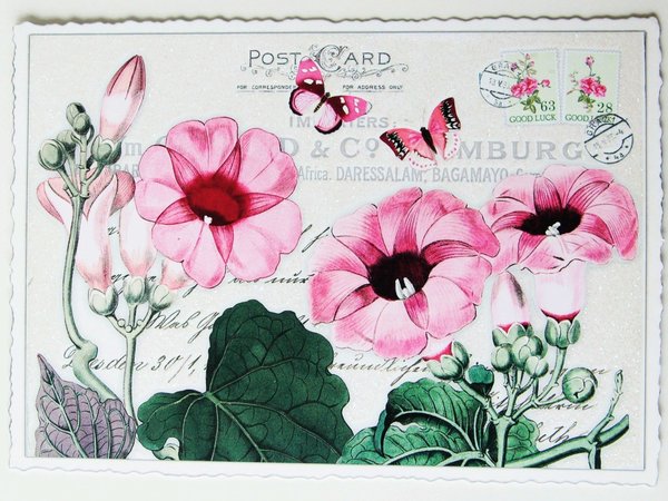 Nostalgie Postkarte Glitterpostkarte  Schmetterling Malven Blumen