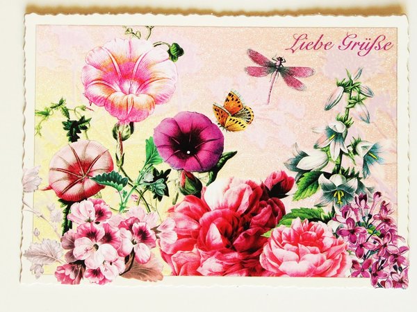Nostalgie Postkarte Glitterpostkarte Liebe Grüße Libelle Blumen