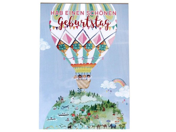 Postkarte Künstlerkarte Weltkugel Heißluftballon Geburtstagskarte