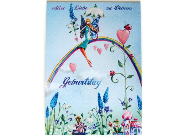 Postkarte Künstlerkarte Elfe auf Regenbogen Herz Marienkäfer Geburtstagskarte