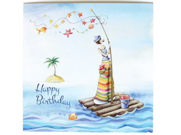 Postkarte Geburtstagskarte Frau auf Floß Seestern Fische Meer Angel