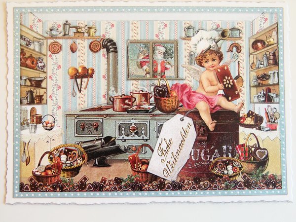 Nostalgie Postkarte Weihnachtskarte Engel in der Backstube