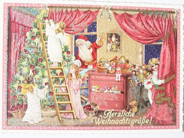 Nostalgie Postkarte Weihnachtskarte Wohnzimmer Engel schmücken den Christbaum