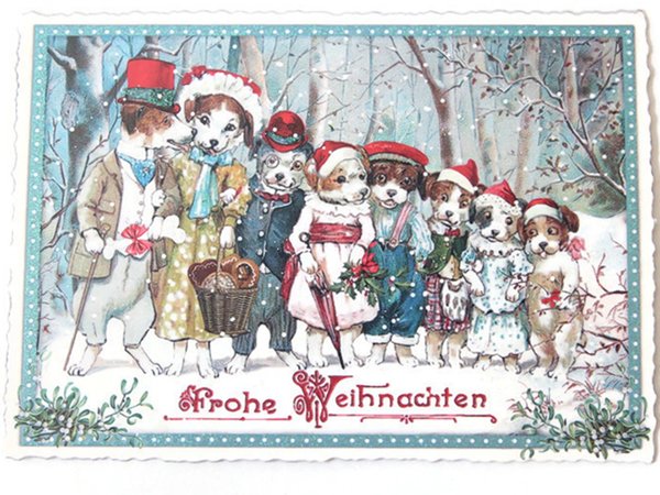 Nostalgie Postkarte Hunde mit roten Mützen im Winterwald
