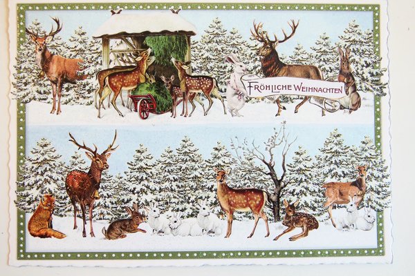 Nostalgie Postkarte Weihnachtskarte Rehe und Hirsche im Winterwald