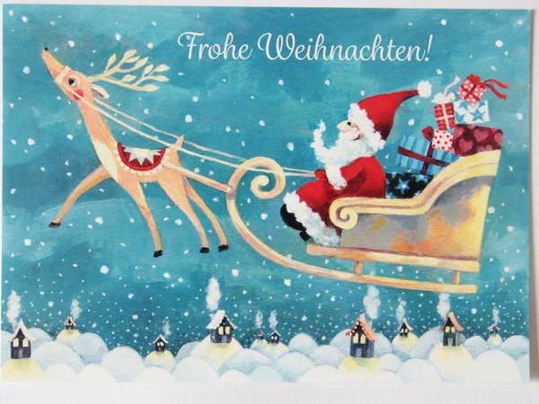 Postkarte Weihnachtskarte nostalgisches Künstler Motiv Weihnachtsmann im Schlitten