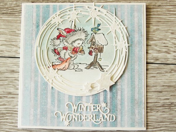 Weihnachtskarte Klappkarte Winter Wonderland Weihnachtshase am Vogelhaus Handarbeit