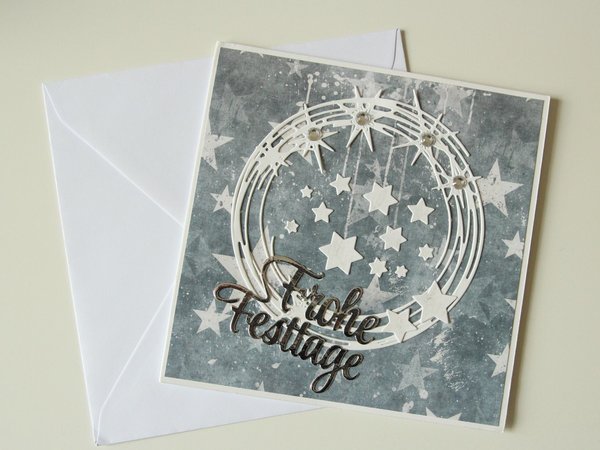 Weihnachtskarte Klappkarte Sterne Kranz Frohe Festtage Handarbeit