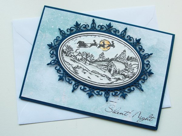 Weihnachtskarte Klappkarte Winterlandschaft Schlitten Rentier Handarbeit