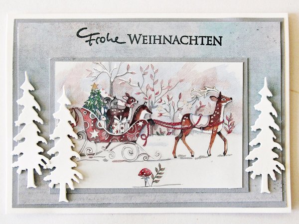 Weihnachtskarte Klappkarte Schlitten Rehe Waldtiere Winterwald Handarbeit