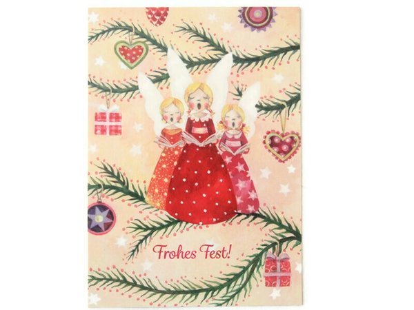 Postkarte Weihnachtskarte Engel singen Tannenzweige Herzen Sterne