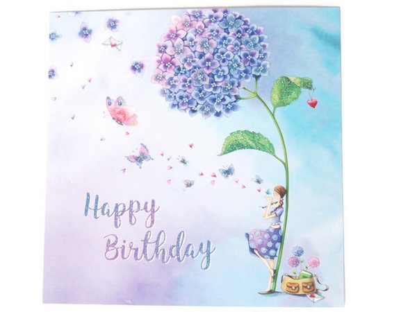 Postkarte Glitterpostkarte Geburtstagskarte Frau unter Hortensienblüte