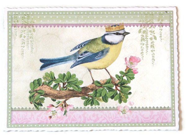 Nostalgie Postkarte Glitterpostkarte Vogel mit Krone Meise
