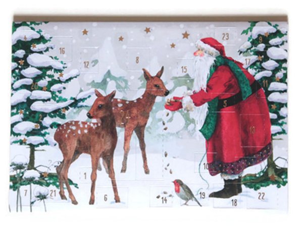Adventskalender Karte Reh Fütterung Weihnachtsmann und Rehkitz im Schnee