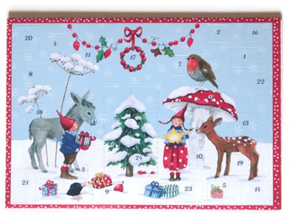 Adventskalender Karte Pippa & Pelle Kinder Esel Rehkitz Fliegenpilz Schnee