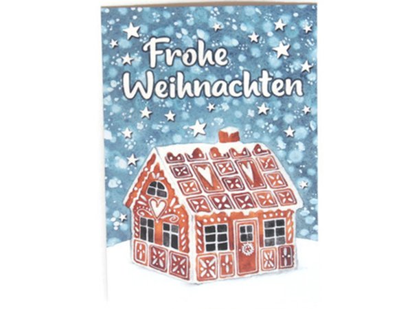 Postkarte Weihnachtskarte Lebkuchenhaus Schnee Glitter