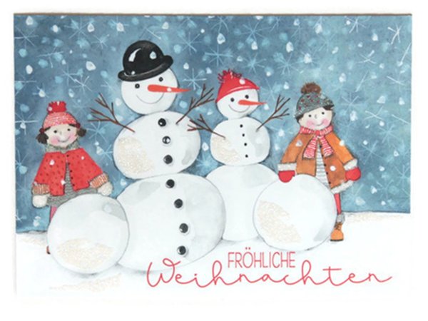 Postkarte Weihnachtskarte Kinder bauen Schneemänner