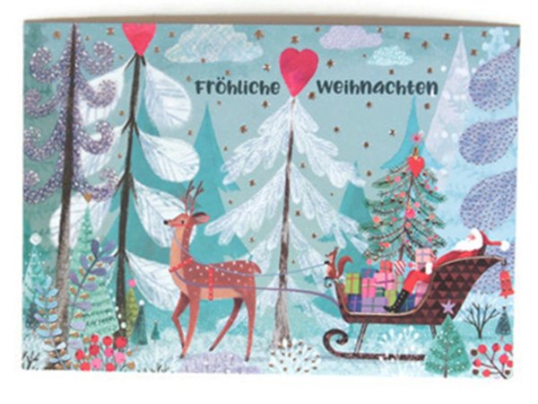 Postkarte Weihnachtskarte Schlitten Weihnachtsmann Geschenke Hirsch Winterwald