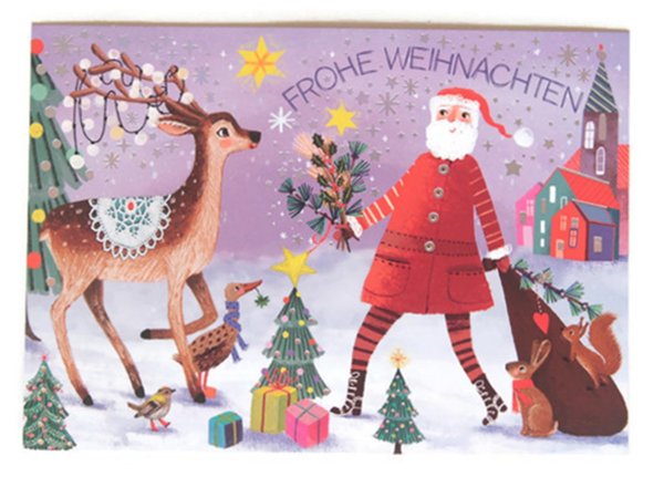 Postkarte Weihnachtskarte Weihnachtsmann Waldtiere Geschenke Tannen