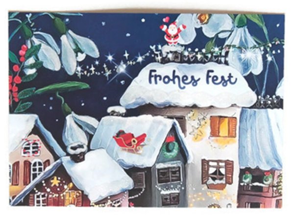Postkarte Weihnachtskarte Schnee Häuser Schlitten