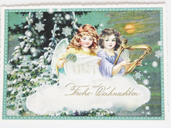 Nostalgie Postkarte Weihnachtskarte Engel mit Harfe Glitter
