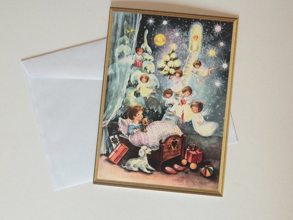 Nostalgie Weihnachtskarte Engel Himmelsleiter Kind im Bettchen