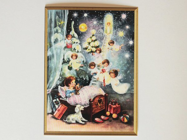 Nostalgie Weihnachtskarte Engel Himmelsleiter Kind im Bettchen