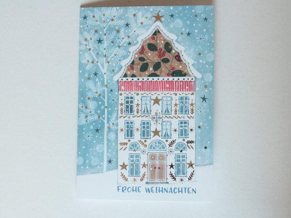 Weihnachtskarte Stadtaus Sterne nordische Farben Klappkarte