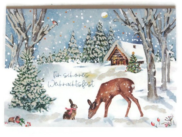 Weihnachtskarte Hase und Reh im Winterwald