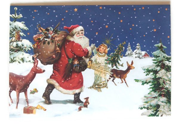 Weihnachtskarte Weihnachtsmann Geschenke Engel Rehe Eichhörnchen
