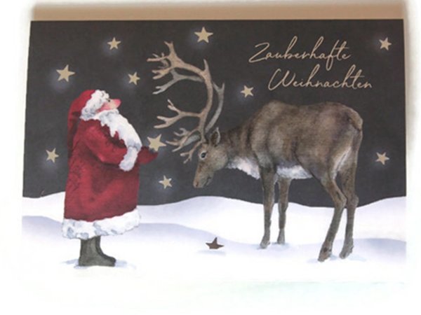 Weihnachtskarte Weihnachtsmann Hirsch Schnee Nachthimmel