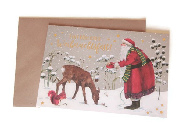 Weihnachtskarte Weihnachtsmann Reh Eichhörnchen Winterwald Naturliebe
