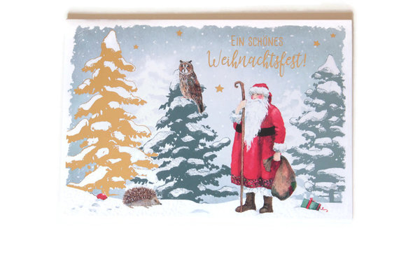 Weihnachtskarte Weihnachtsmann Geschenke Eule Winterwald Naturliebe