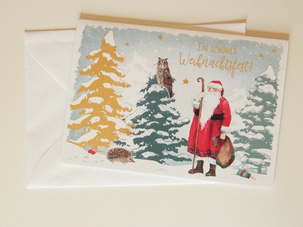 Weihnachtskarte Weihnachtsmann Geschenke Eule Winterwald Naturliebe