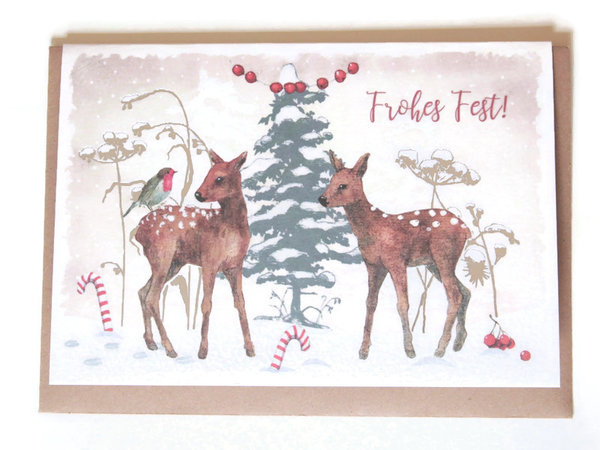 Weihnachtskarte Rehkitz Rotkehlchen Zuckerstangen Winterwald Naturliebe