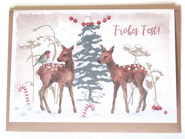 Weihnachtskarte Rehkitz Rotkehlchen Zuckerstangen Winterwald Naturliebe
