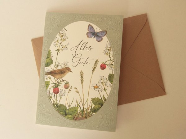 Geburtstagskarte Vogel auf Erdbeeren Gräser Schmetterling Naturliebe Klappkarte