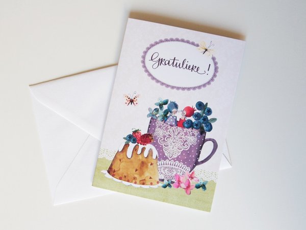 Geburtstagskarte Glückwunschkarte Blumenelfen in nostalgischer Tasse