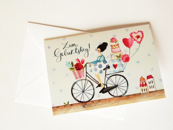 Geburtstagskarte Glückwunschkarte Frau auf Fahrrad mit Blumen und Torte
