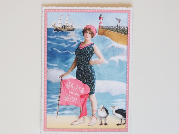 Nostalgie Postkarte Glitterpostkarte Meer Frau Segelschiff Leuchtturm Möwen